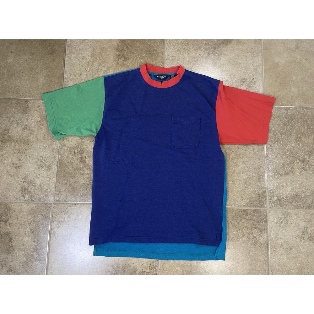 Christian Dior Color Block T-Shirt Mens Sz XL Navy Green Red Short Sleeve Crew